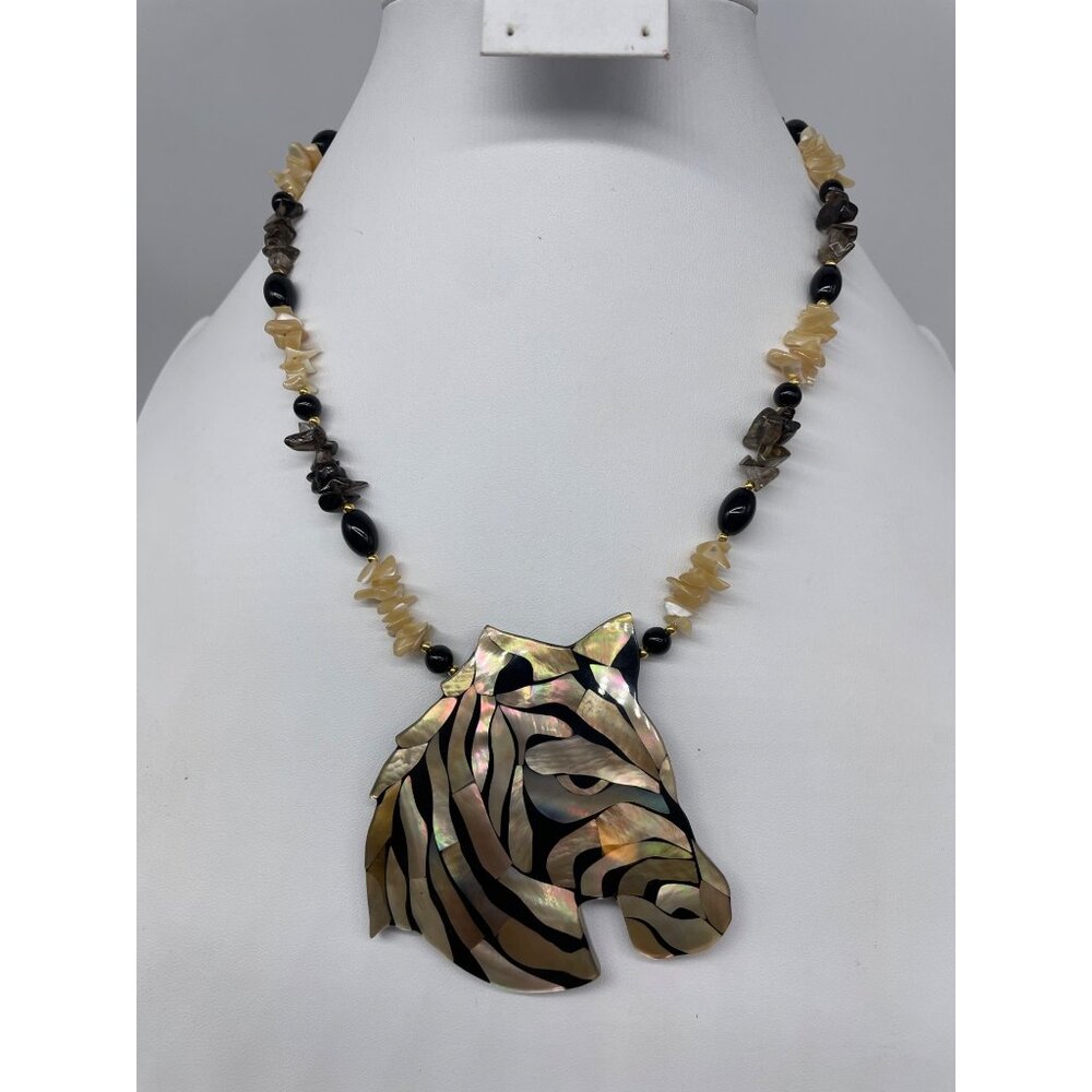 Zebra Pendant Necklace By Lee Sands With Mother Of Pearl Smokey Quartz 24"